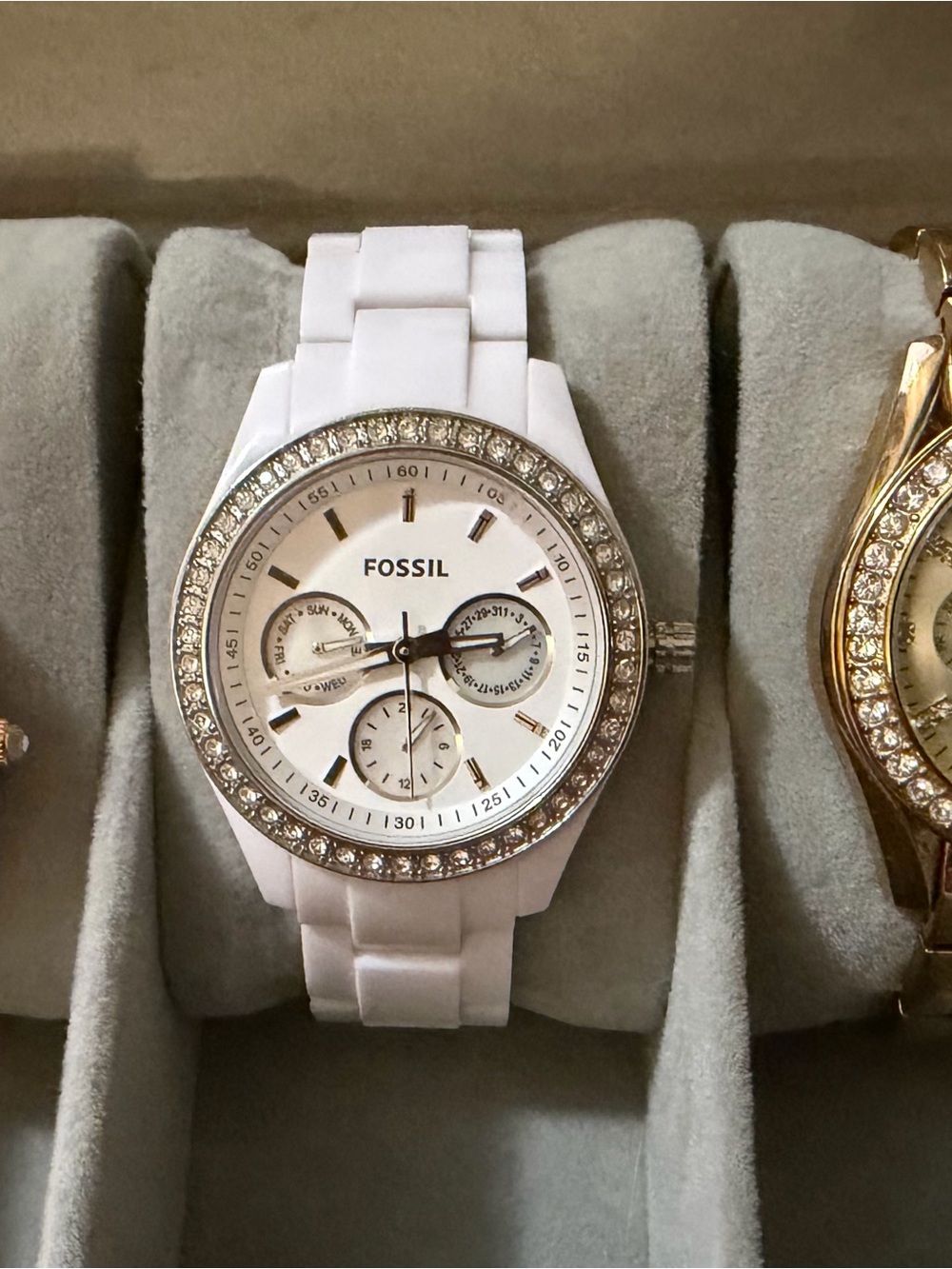 3 Fossil Women's White Silicone Rose Gold and Gold Watch with Crystal Bezel